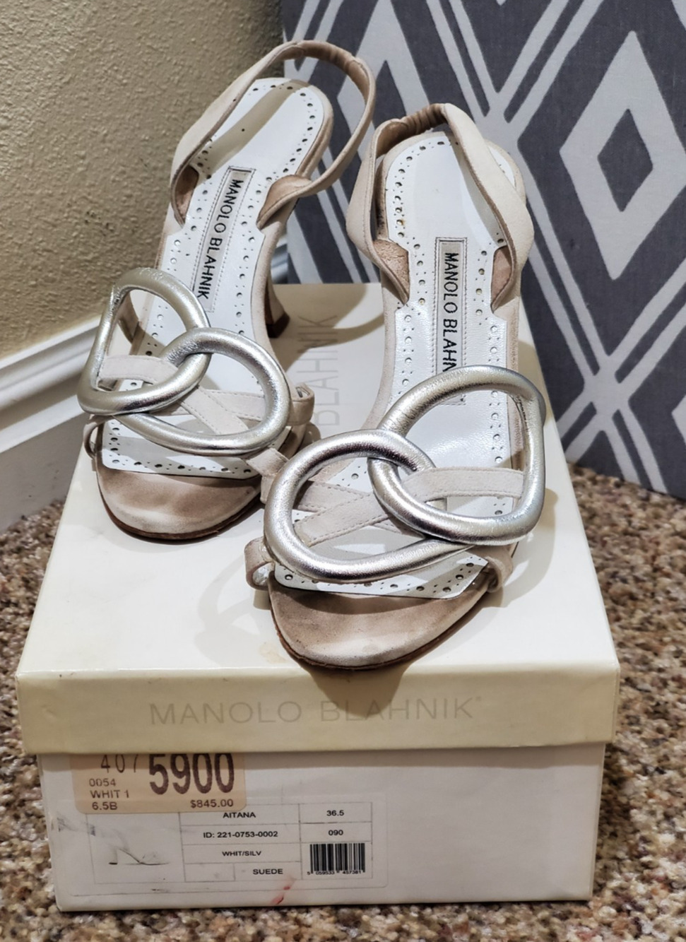 Manolo Blahnik Aitana Slingback Heels 36.5 White Silver Suede Sandals